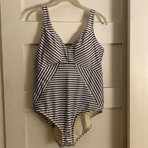 Blue and white striped one piece swimsuit